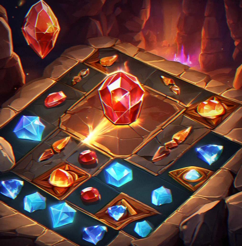 Gameplay showing three red gems aligned horizontally with a finger tap gestyre above them