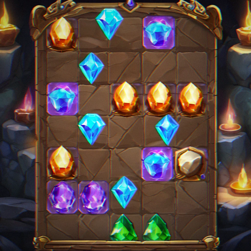 Gameplay screenshot showing a match-3 board with three blue gems in a row highlighted before clearing