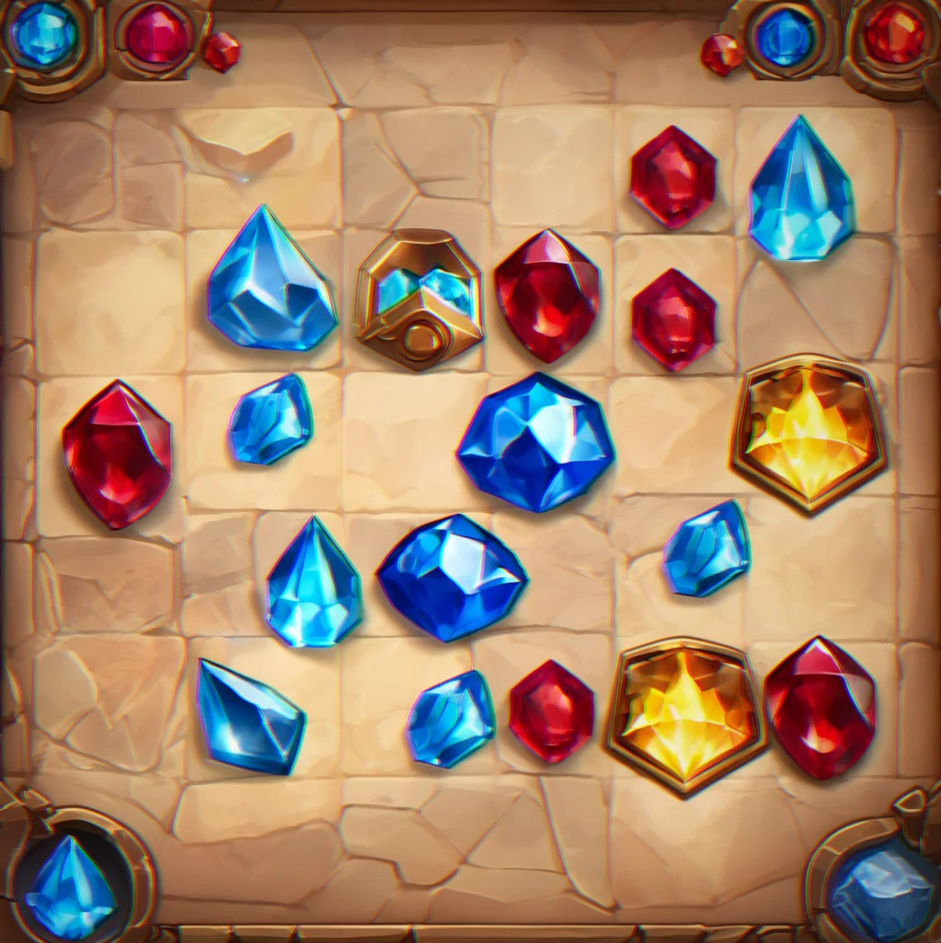 Starting level with blue, red, and yellow gems scattered on an empty board