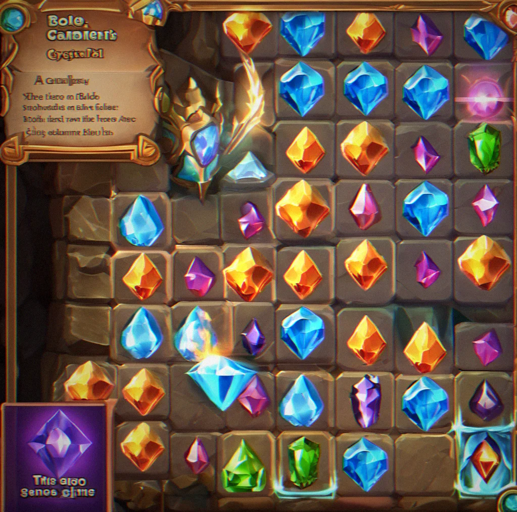 Crystalplain gameplay showing bright gems on a puzzle board with a match-3 combo lighting up