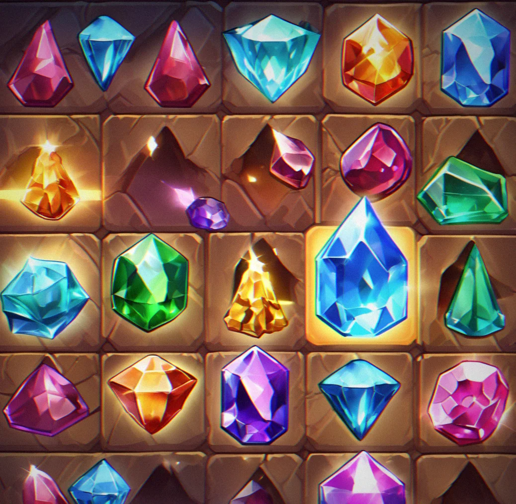 Gems in different colors lined up on a puzzle board, ready to be matched on a phone